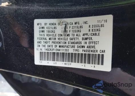 2017 Honda Accord Sport Se из США, поврежденный, VIN 1HGCR2F12HA111350